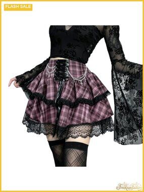 AULKEEP Lace Up Chain Gothic Mini Skirt Pleated High Waist A-Line